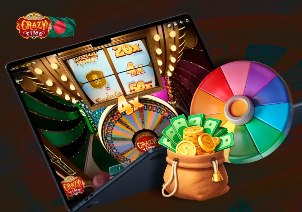 Crazy Time online casino demo game, money pouch and game wheel